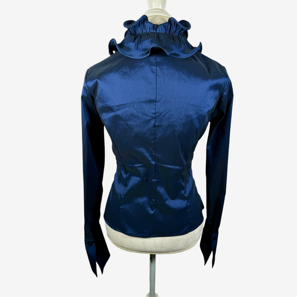 Samuel Dong Blue Satin Wired Ruffle Button Top Blouse Stretch Artsy Chic Size 8 - Picture 10 of 13